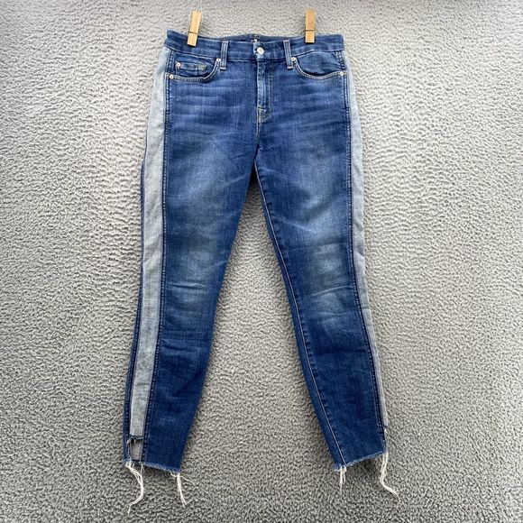 7 For All Mankind Women Jeans 27 Two-Tone Stripe Tapered 70's Crop Preppy Retro - Picture 2 of 14